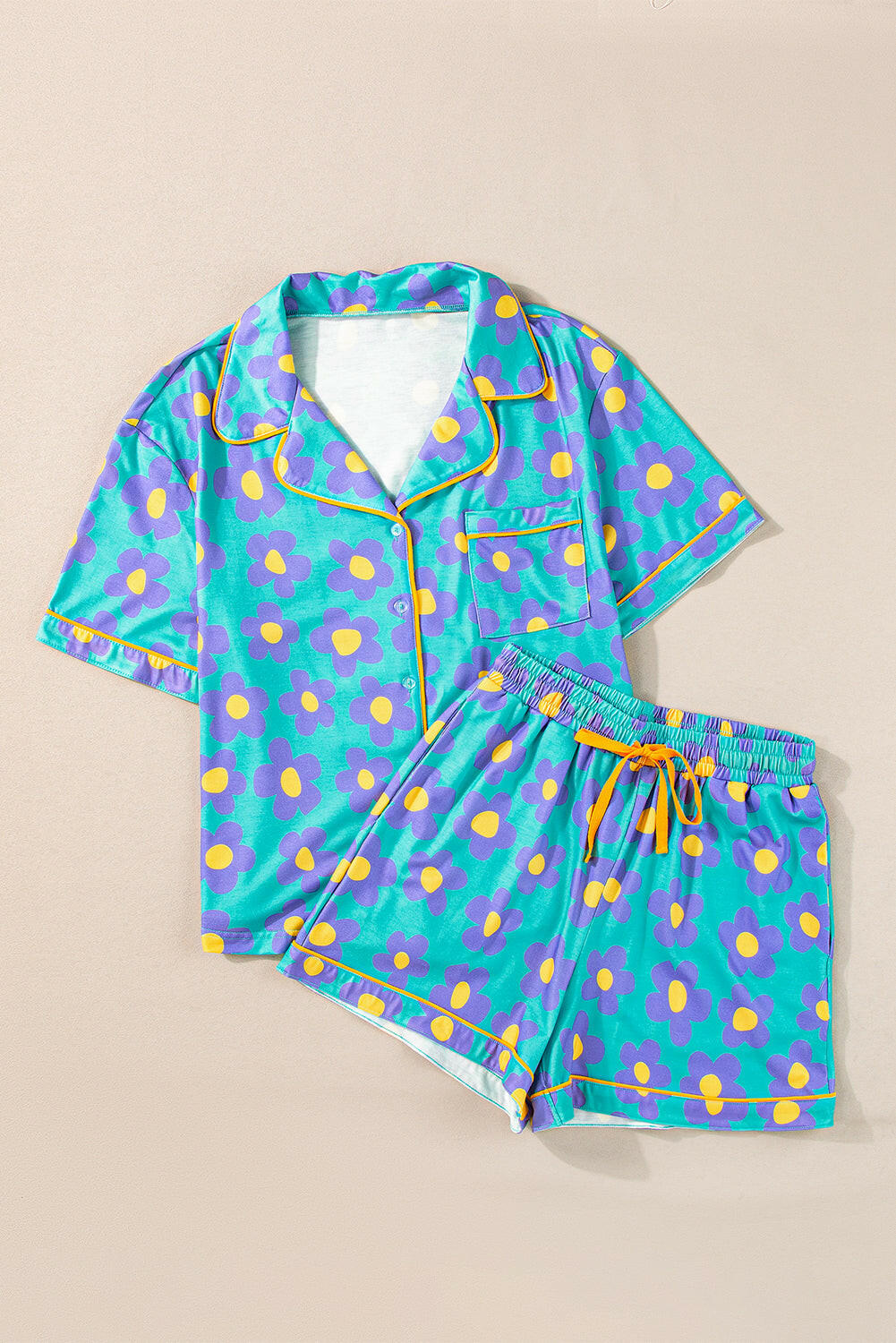 Luxury Flower Print Buttoned Shirt And Drawstring Waist Pajama Set.