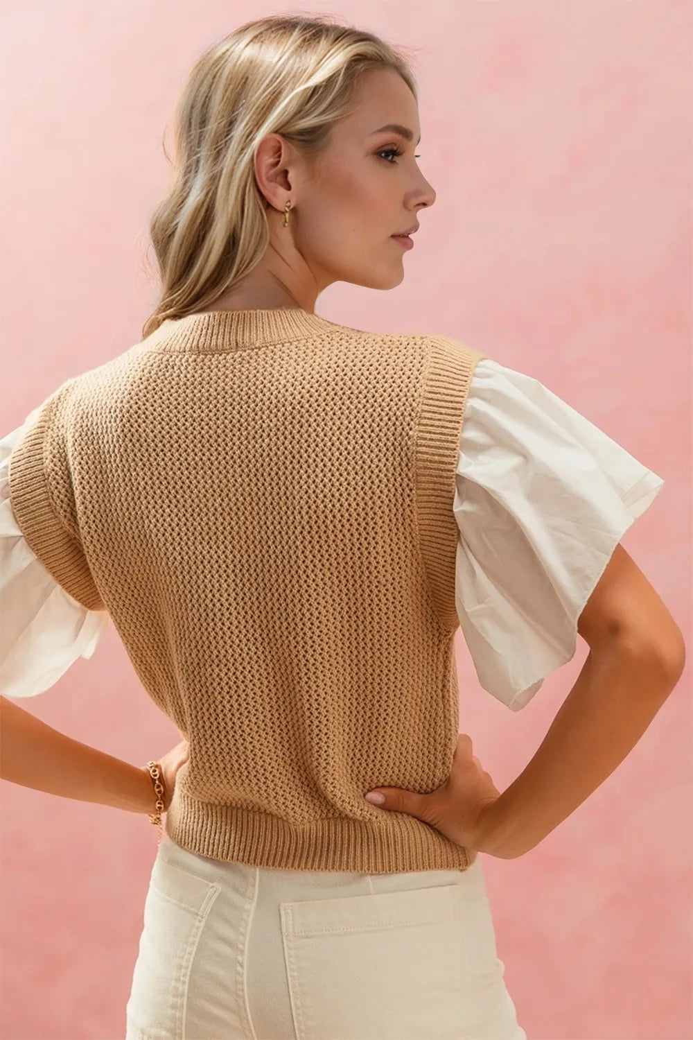 Oh Full Size Ruffled Round Neck Short Sleeve Sweater.