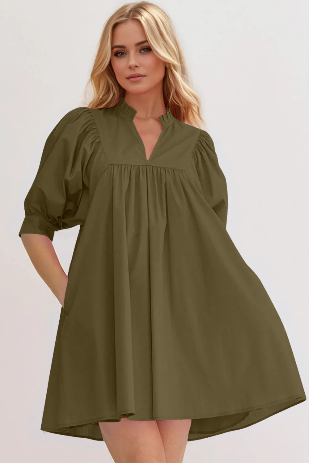 Oh Frill Notched Puff Sleeve Babydoll Mini Dress.