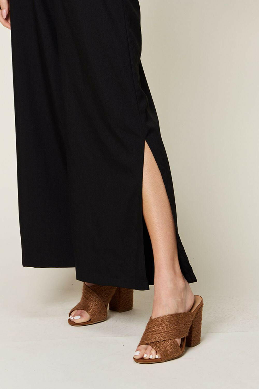 Double Take Full Size V-Neck Tie Front Short Sleeve Slit Jumpsuit.