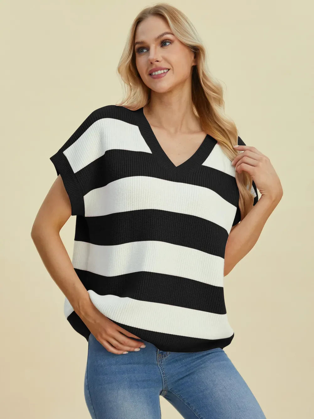 Double Take Full Size Striped V-Neck Short Sleeve Sweater.