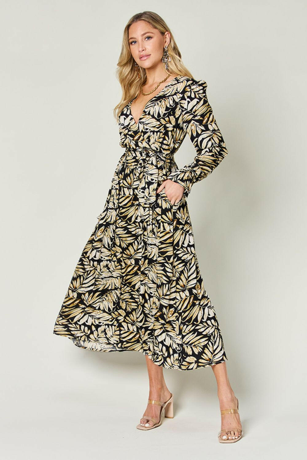 Double Take Full Size Tie Back Flounce Sleeve Dress.