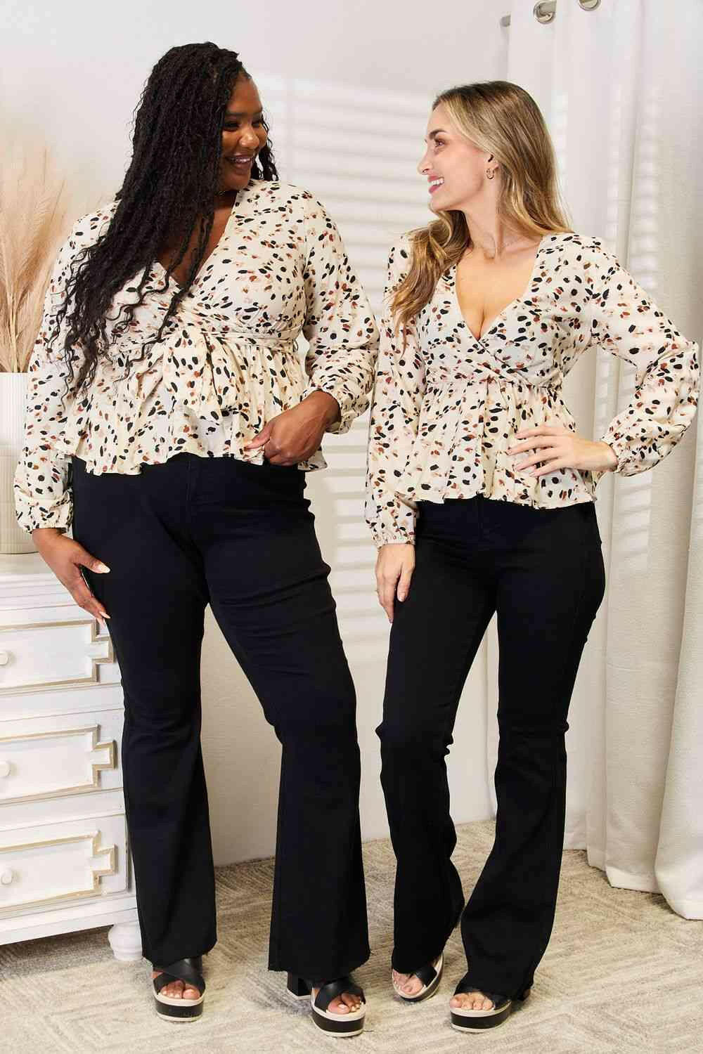 Double Take Printed Tied Plunge Peplum Blouse.