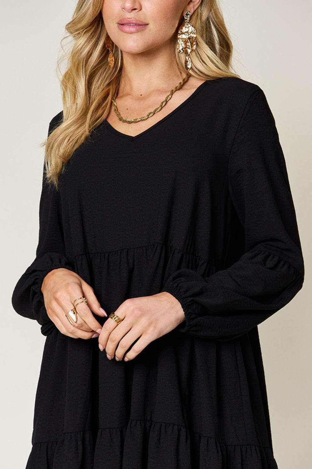 Double Take Full Size V-Neck Balloon Sleeve Tiered Dress.