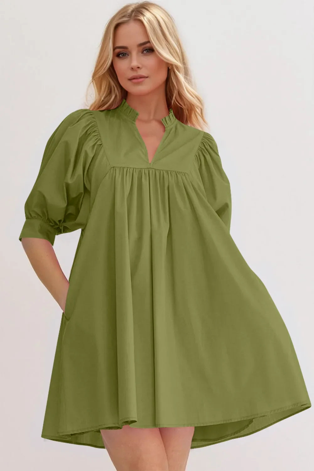 Oh Frill Notched Puff Sleeve Babydoll Mini Dress.