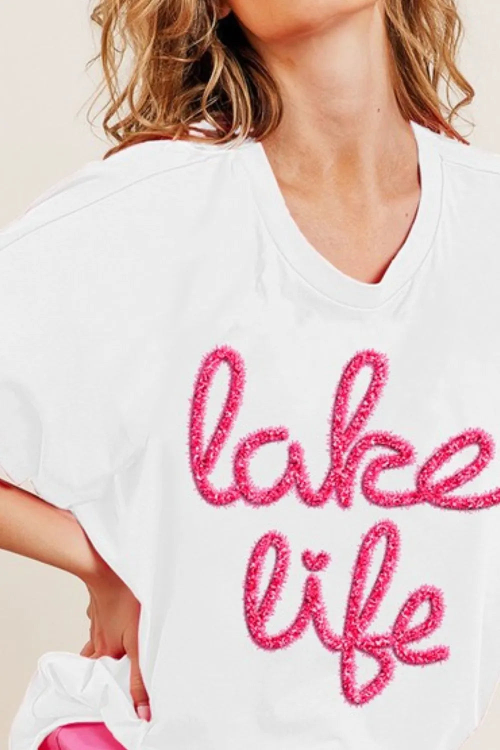 BiBi Metallic Letter Short Dolman Sleeve Top.