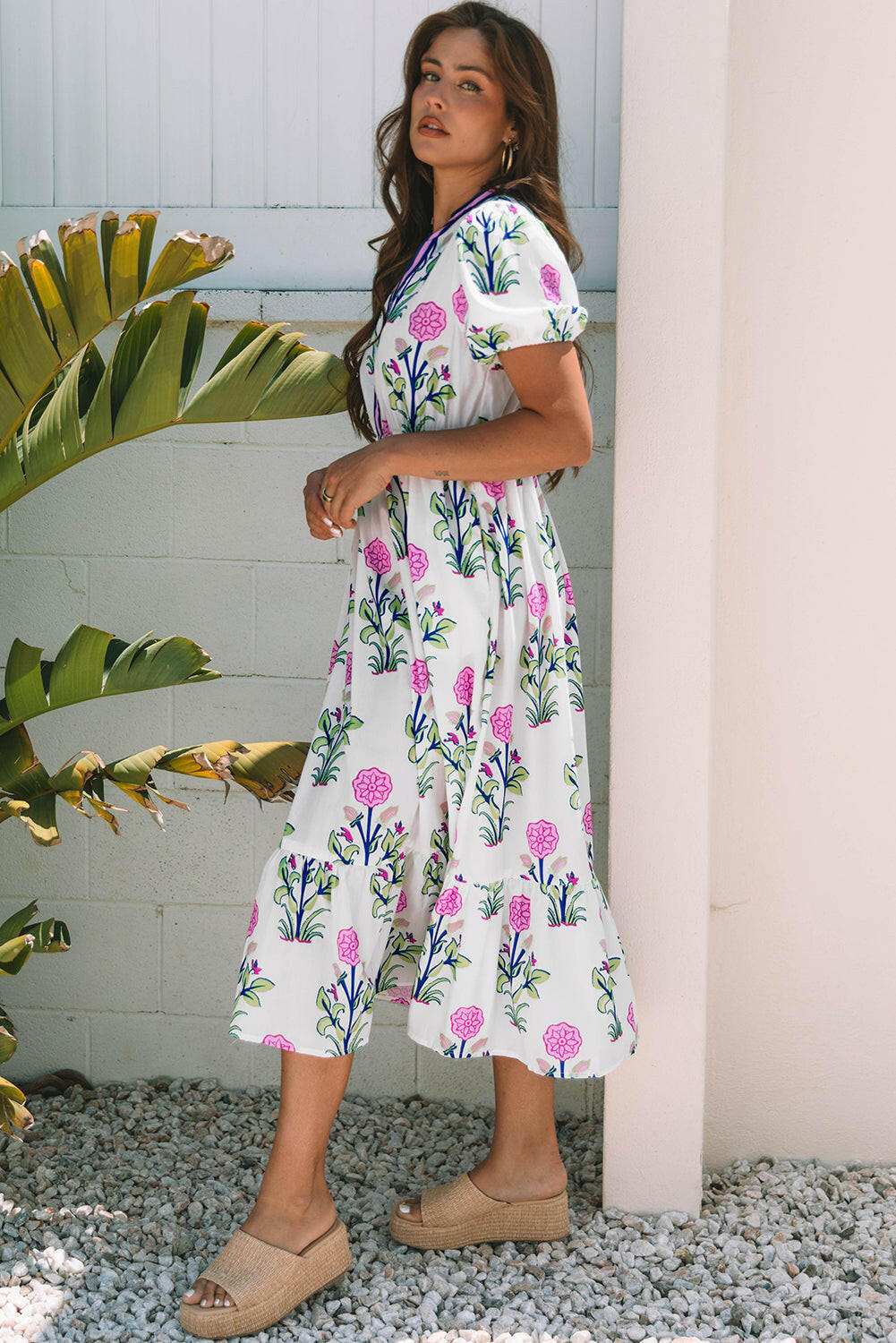 Luxury Floral Puff Short Sleeve V Neck High Waist Maxi Dress.
