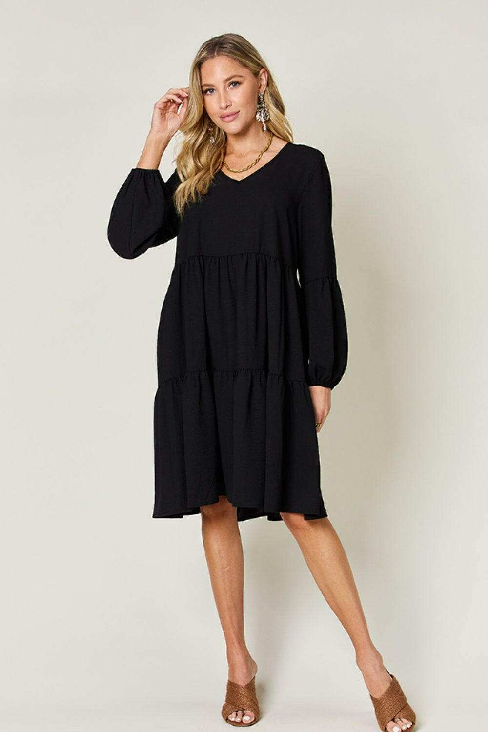 Double Take Full Size V-Neck Balloon Sleeve Tiered Dress.
