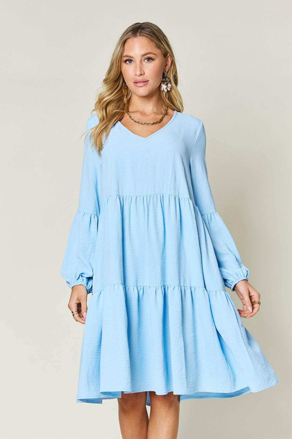 Double Take Full Size V-Neck Balloon Sleeve Tiered Dress - MaraFormigone