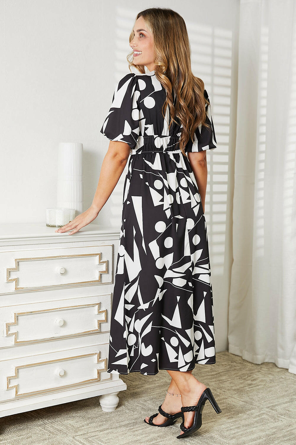 Double Take Printed Surplice Balloon Sleeve Dress.
