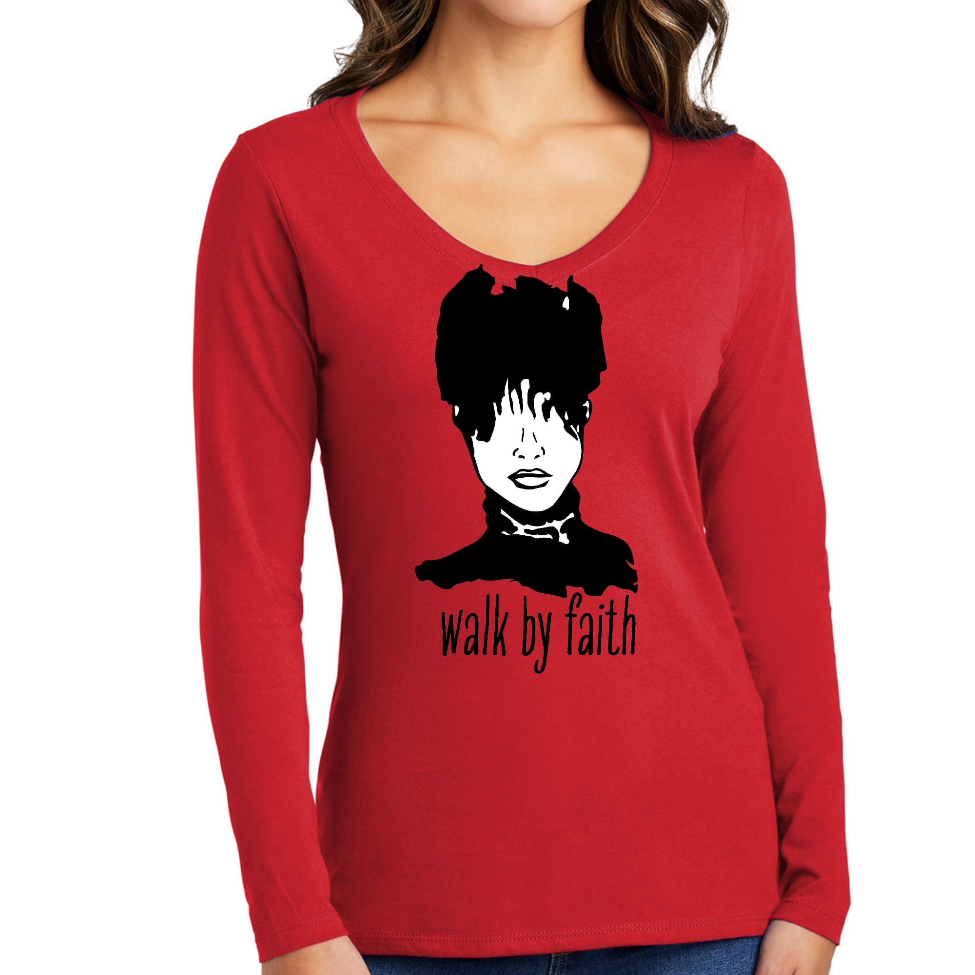 Womens Long Sleeve V-neck Graphic T-shirt - Say it Soul - Walk by Faith-1