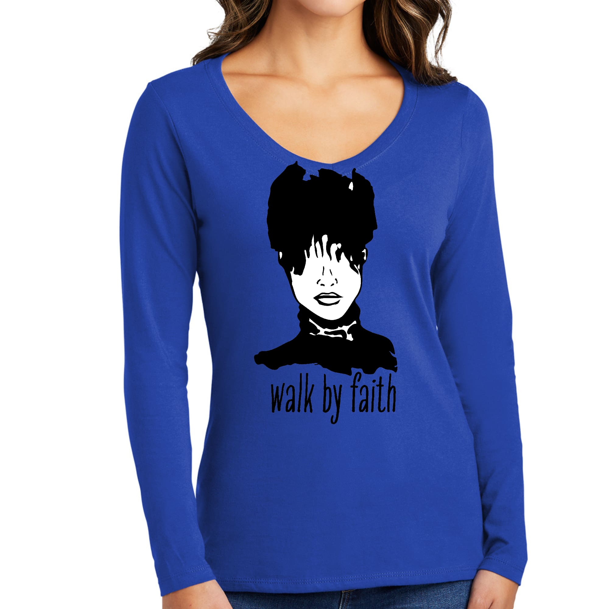 Womens Long Sleeve V-neck Graphic T-shirt - Say it Soul - Walk by Faith-2
