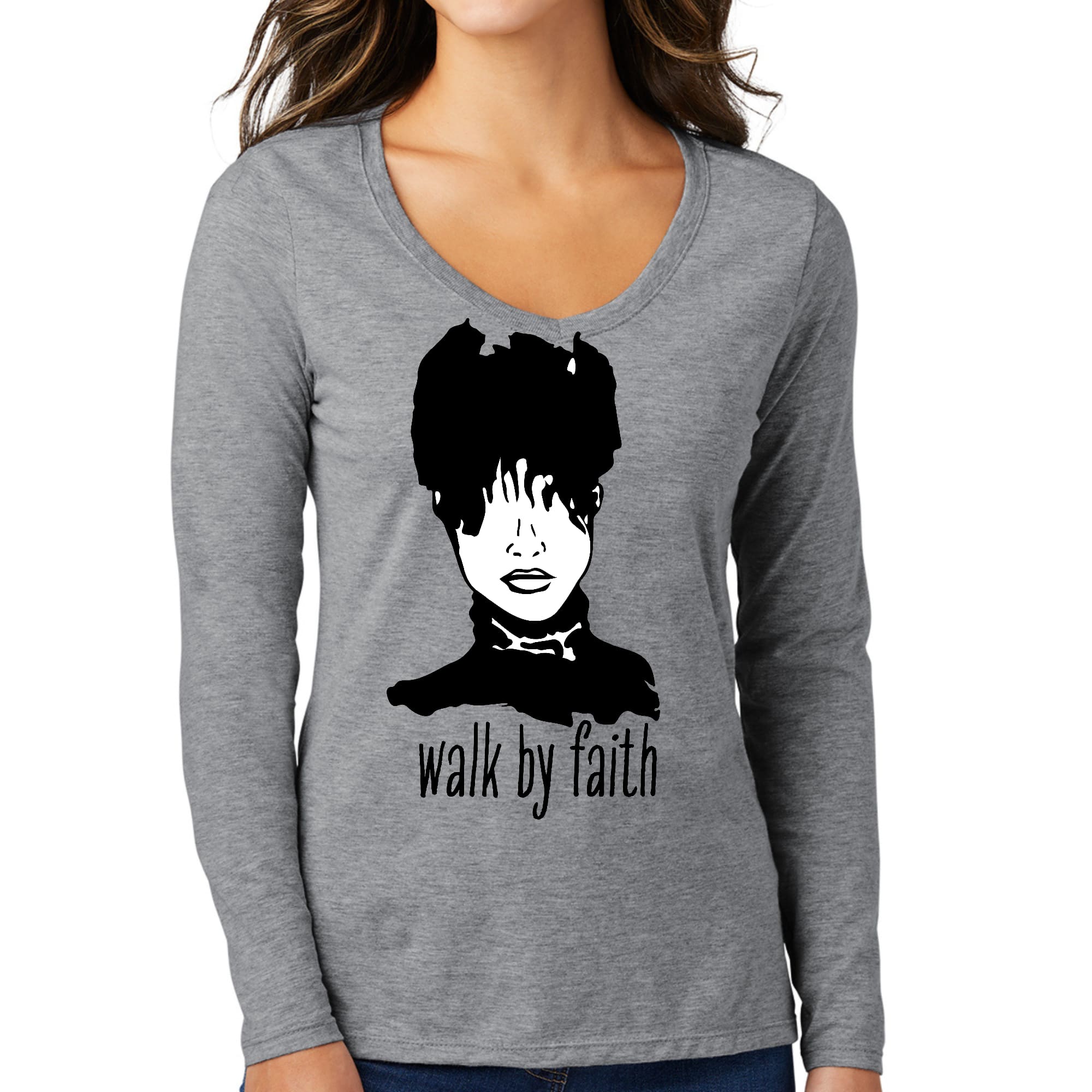 Womens Long Sleeve V-neck Graphic T-shirt - Say it Soul - Walk by Faith-3